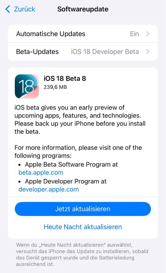 介休苹果手机维修分享苹果 iOS / iPadOS 18 开发者预览版 Beta 8 发布 